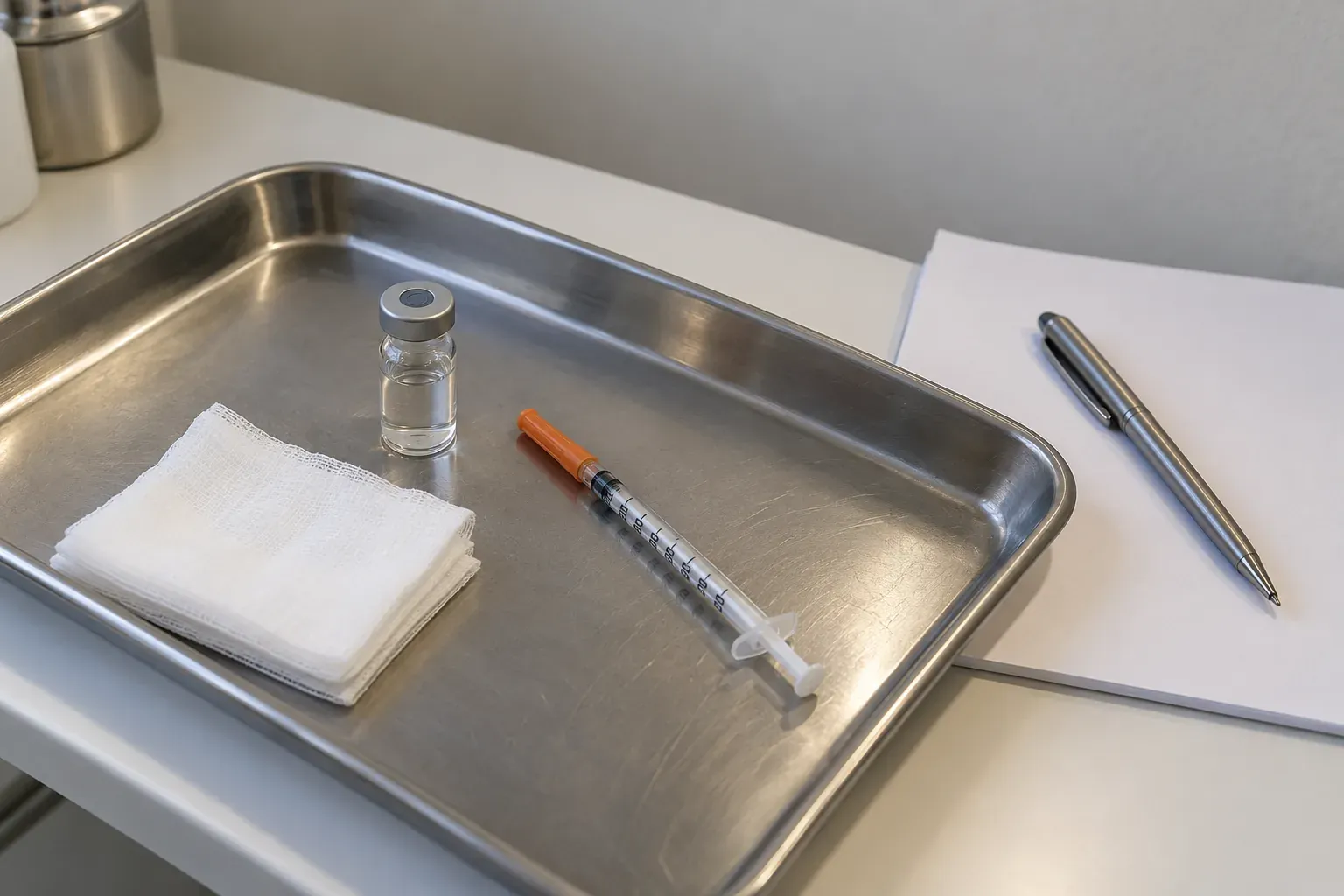 Vial de vidrio sin etiqueta, jeringa con capuchón y gasas sobre una bandeja de acero en una consulta