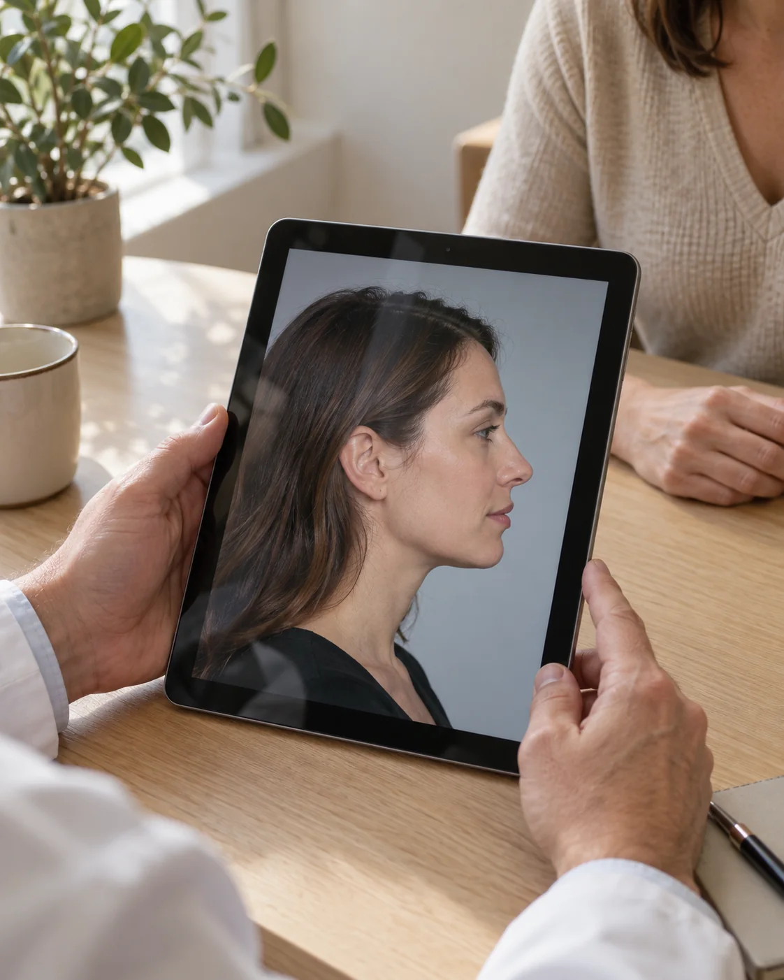 Dos manos sostienen una tableta con una fotografía de perfil sobre la mesa de consulta