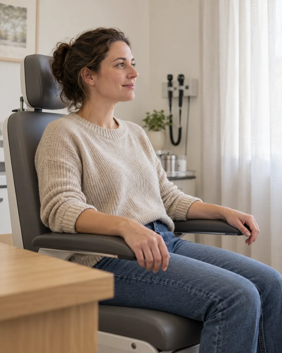 Una mujer espera sentada en el sillón de exploración de una consulta