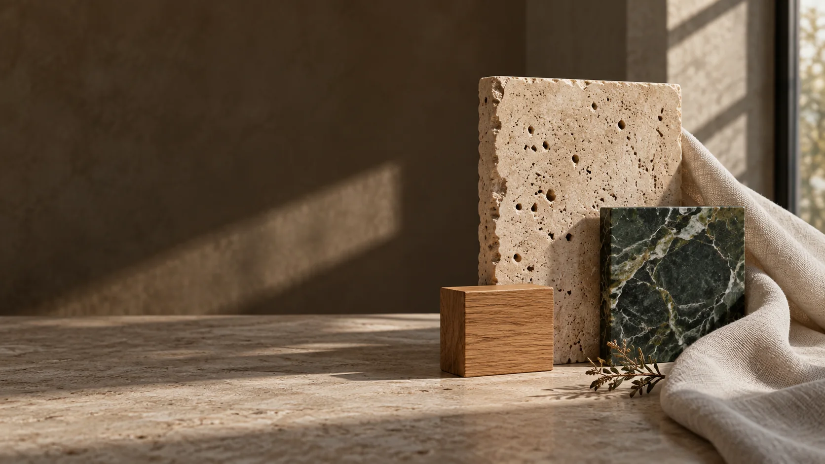 Composición de piedra clara, madera, mármol verde y lino