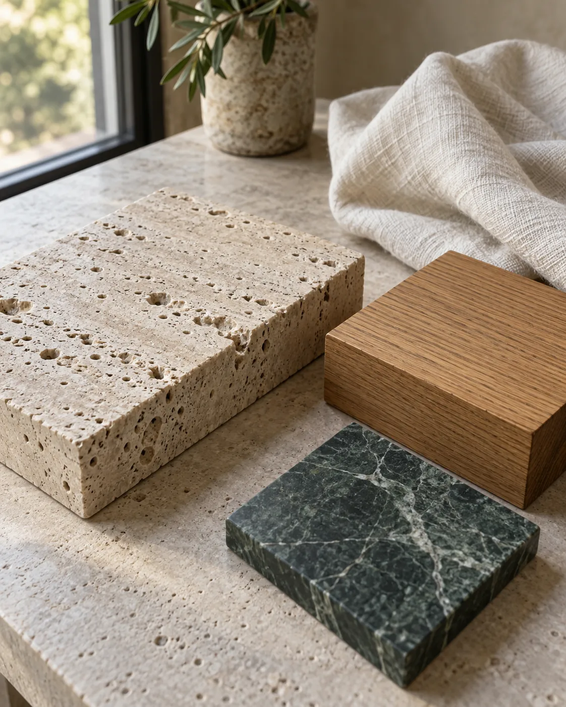 Composition of pale stone, wood, green marble and linen