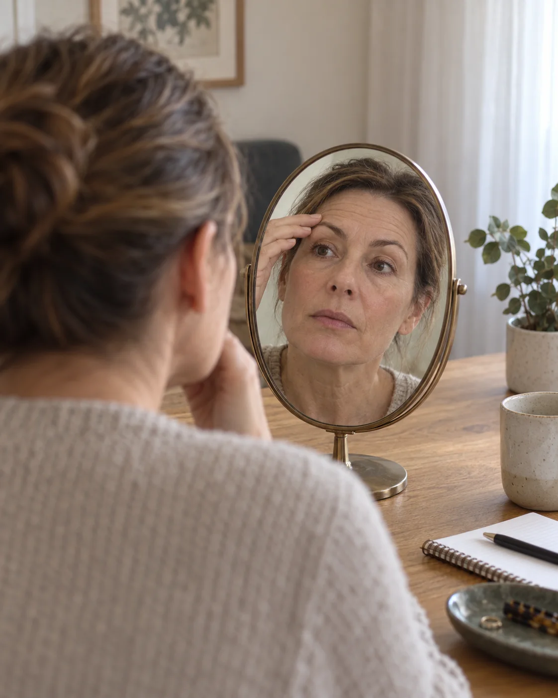 Una mujer observa su frente y sus cejas frente al espejo de una consulta