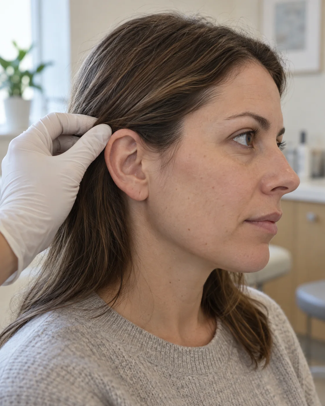 Exploración de la oreja apartando el pelo, con una mujer de perfil