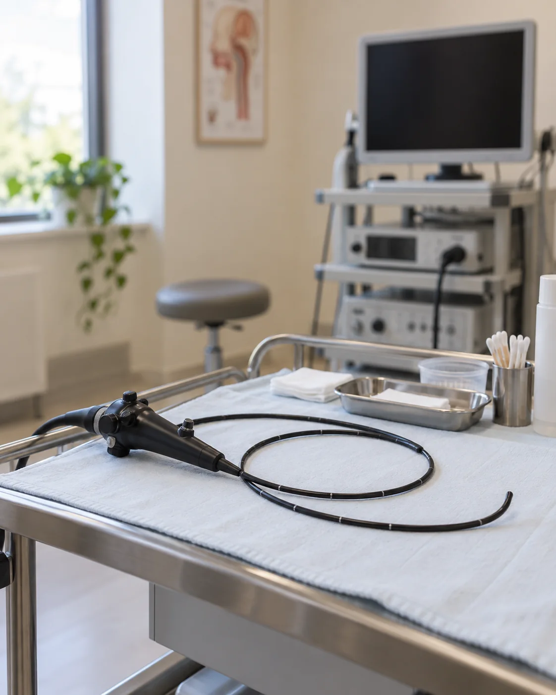 Un endoscopio nasal sobre un paño claro, junto al monitor de exploración