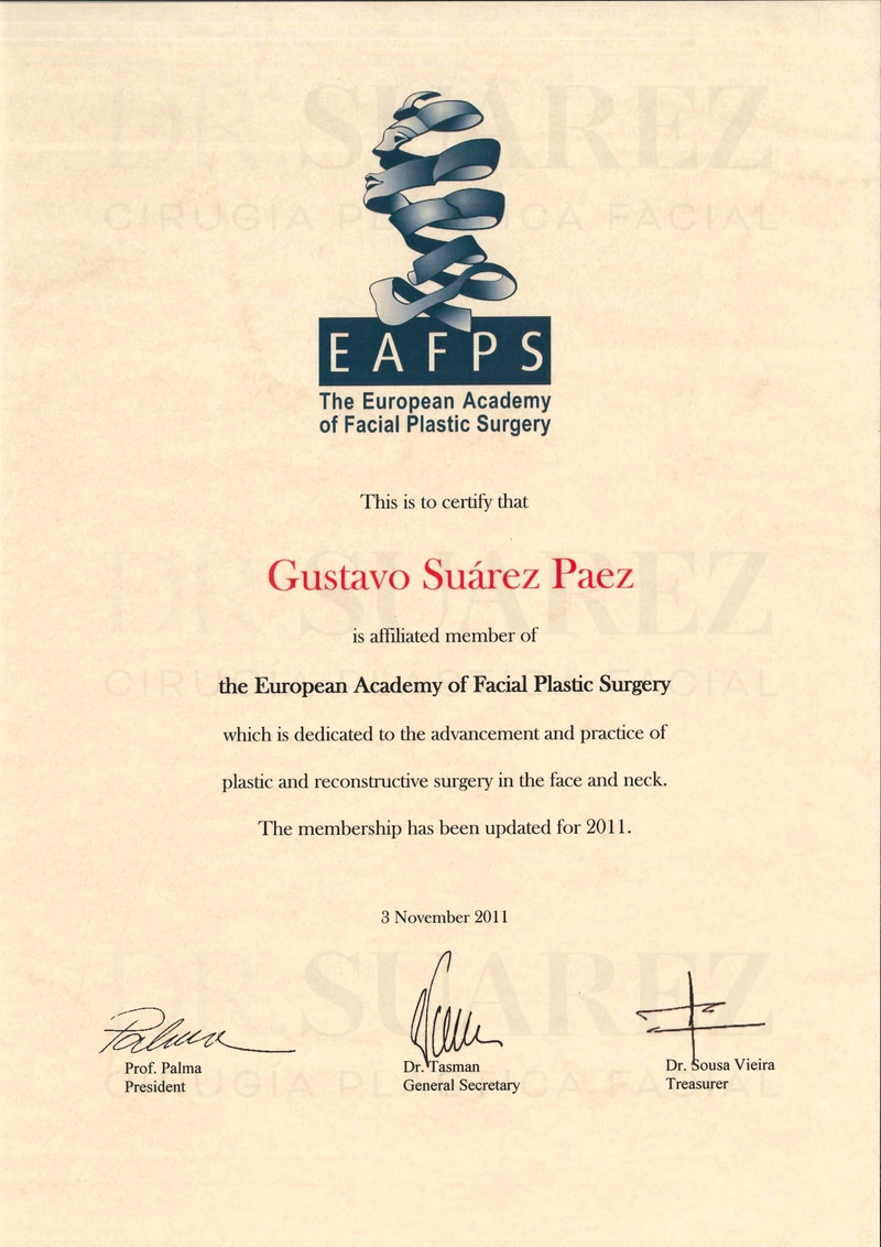Certificado de afiliación a la European Academy of Facial Plastic Surgery de 2011