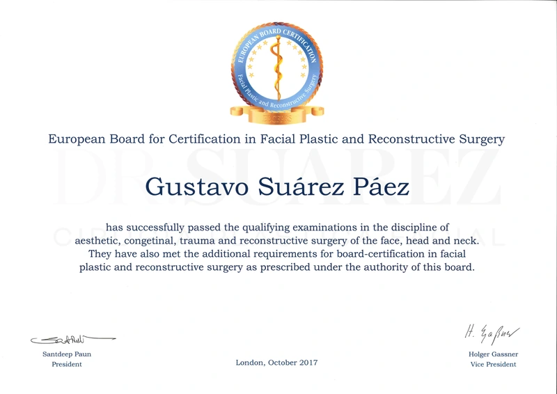 Certificación del European Board for Certification in Facial Plastic and Reconstructive Surgery
