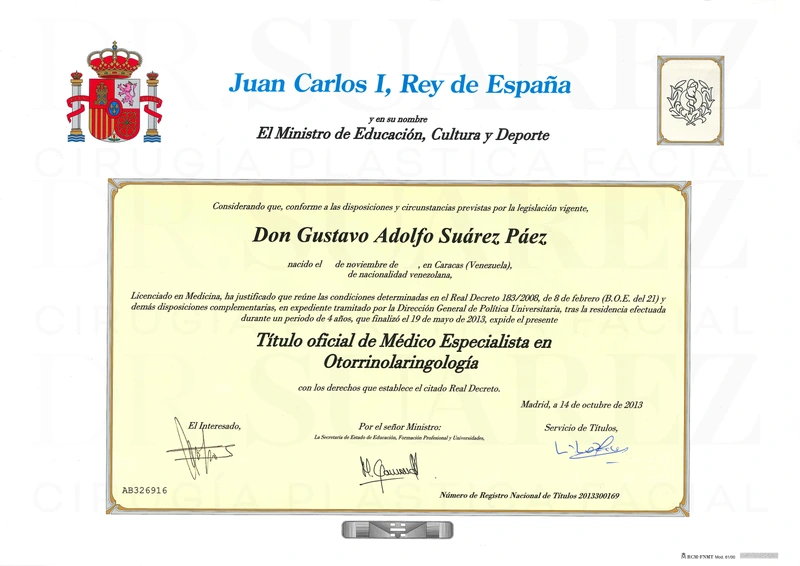 Título oficial de Médico Especialista en Otorrinolaringología