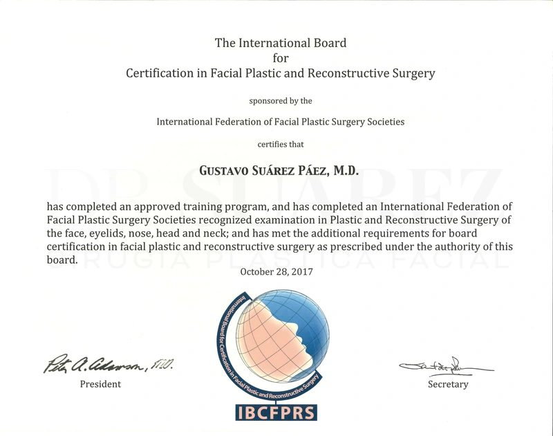 Certificación del International Board for Certification in Facial Plastic and Reconstructive Surgery